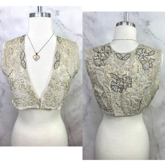 Vtg 60s Lace Shrug Vest Bolero Sz S Gray Sequence Embroidery Romantic Art Deco - Picture 1 of 16